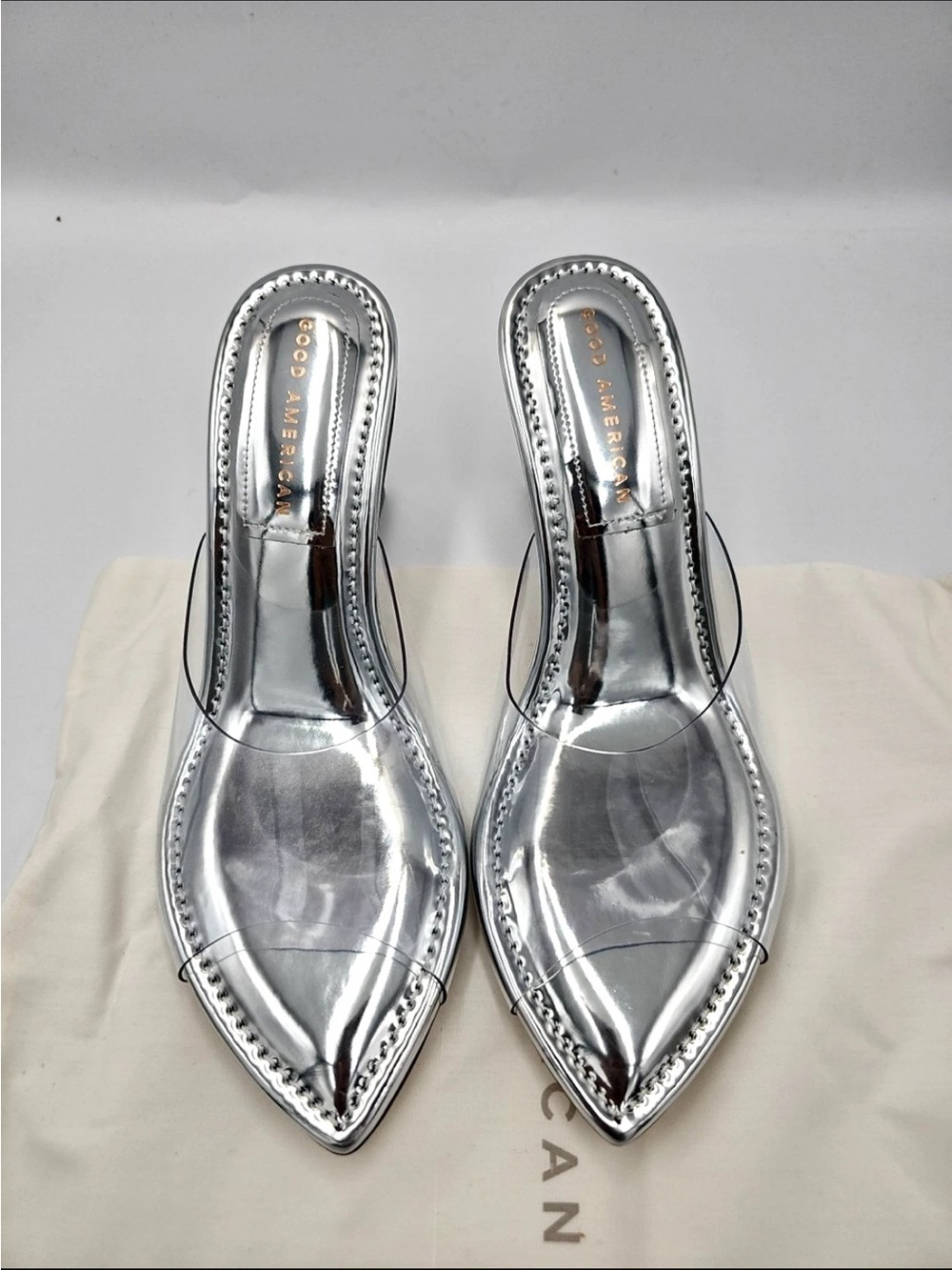 Good American Metallic Silver Pointed Clear Mules (see sizing before purchasing) - Picture 1 of 6